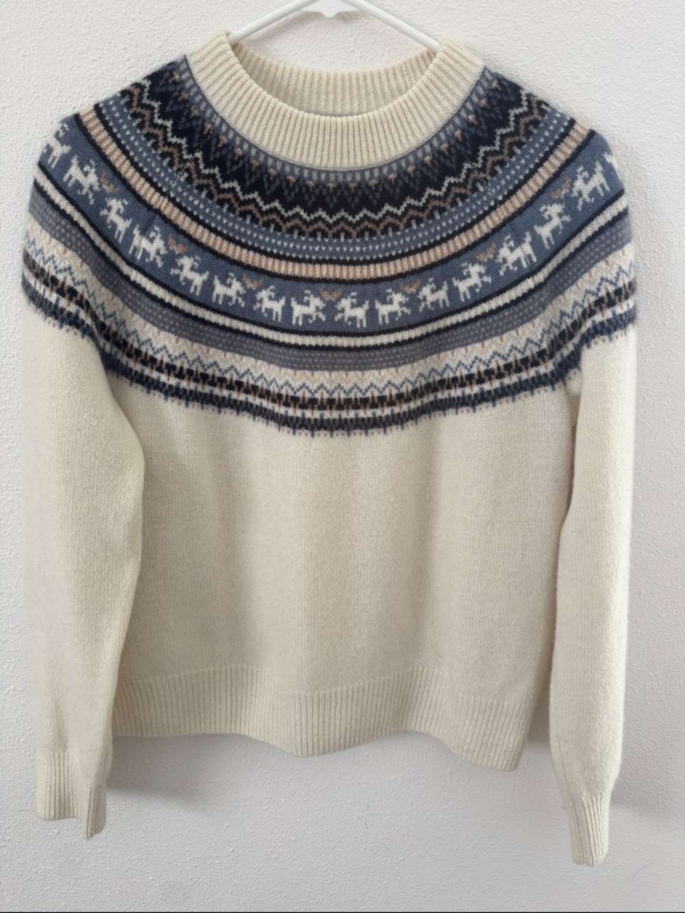NAADAM Cashmere Cream Fair Isle Yoke Sweater with Blue and Tan Accents